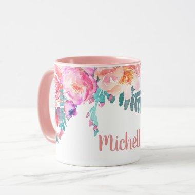 Girly Pink Rose Flowers Elegant Personalized Name Mug