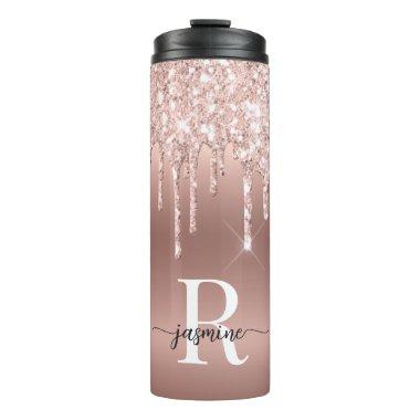 Girly Pink Rose Gold Glitter Drips Ombre Monogram Thermal Tumbler