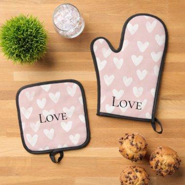 Girly Pink White Hearts  Oven Mitt & Pot Holder Set