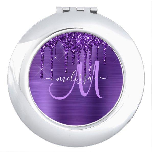 Girly Purple Dripping Glitter Brush Metal Monogram Compact Mirror