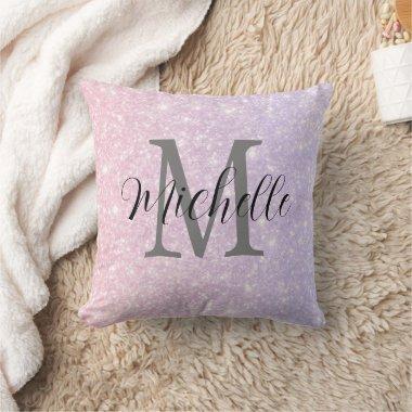 Girly Purple Pink Glitte Monogram and Name Throw Pillow