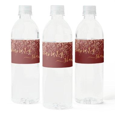 Girly Rose Gold and Burgundy Monogram Sparkle Water Bottle Label