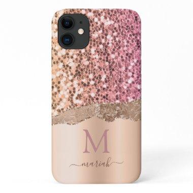 Girly Rose Gold Blush Pink Faux Glitter Monogram iPhone 11 Case