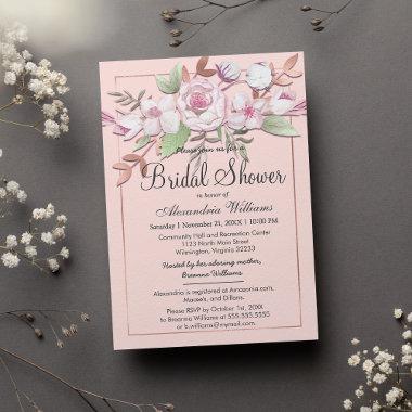 Girly Rose Gold Blush Pink Floral Bridal Shower Invitations
