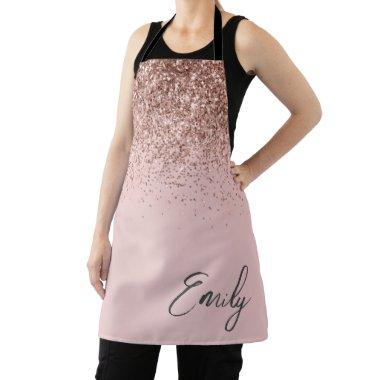 Girly Rose Gold Blush Pink Glitter Monogram Apron