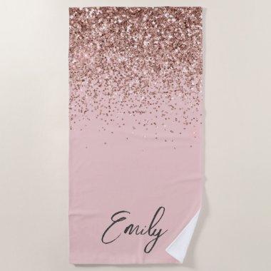 Girly Rose Gold Blush Pink Glitter Monogram Beach Towel