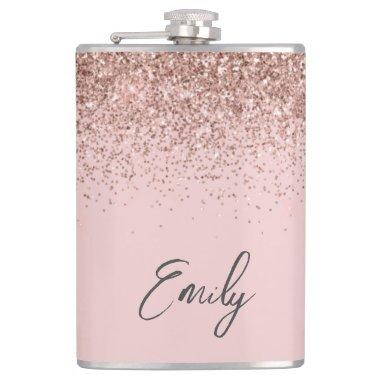 Girly Rose Gold Blush Pink Glitter Monogram Flask