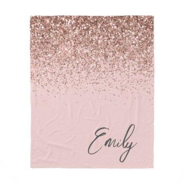 Girly Rose Gold Blush Pink Glitter Monogram Fleece Blanket