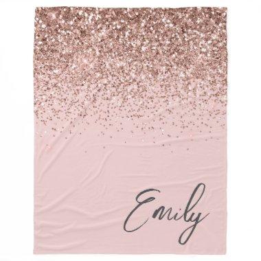 Girly Rose Gold Blush Pink Glitter Monogram Fleece Blanket
