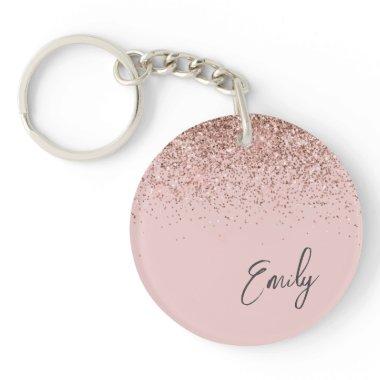 Girly Rose Gold Blush Pink Glitter Monogram Keychain