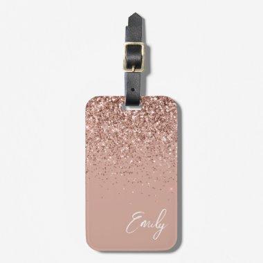 Girly Rose Gold Blush Pink Glitter Monogram Luggage Tag