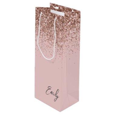 Girly Rose Gold Blush Pink Glitter Monogram Wine Gift Bag