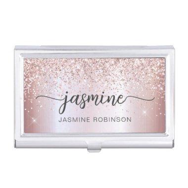 Girly Rose Gold Blush Pink Glitter Name Script Business  Case