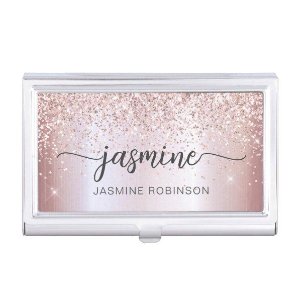 Girly Rose Gold Blush Pink Glitter Name Script Business  Case