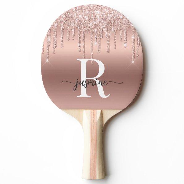Girly Rose Gold Glitter Drips Monogram Metal Ping Pong Paddle