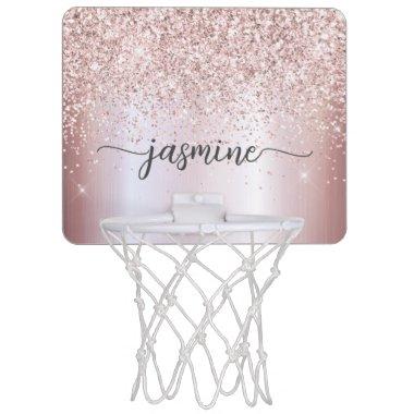 Girly Rose Gold Glitter Monogram Name Script Mini Basketball Hoop