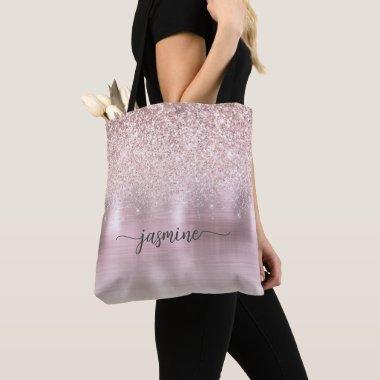 Girly Rose Gold Glitter Pink Metal Name Script Tote Bag