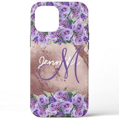 Girly Rose Gold Glitter Script Monogram iPhone 12 Pro Max Case