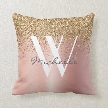 Girly Rose Gold Glitter Sparkle Monogram Name Throw Pillow