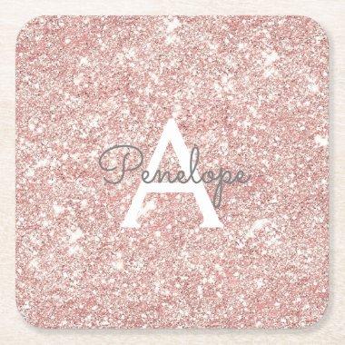Girly Rose Gold Pink Glitter Sparkle Monogram Square Paper Coaster