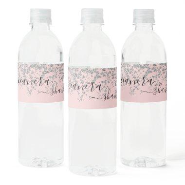 Girly Silver and Blush Pink Monogram Sparkle Water Bottle Label