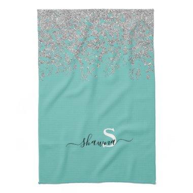 Girly Silver and Teal Monogram Aqua Sparkle Kitchen Towel