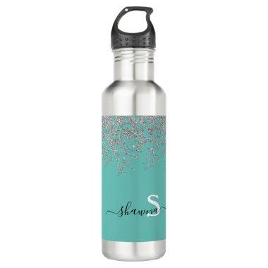 Girly Silver and Teal Monogram Aqua Sparkle Stainless Steel Water Bottle