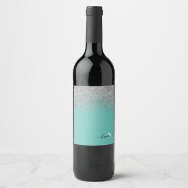 Girly Silver and Teal Monogram Aqua Sparkle Wine Label