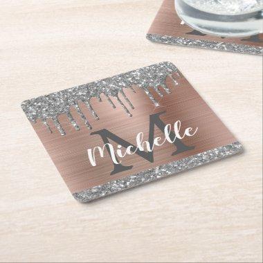 Girly Silver Glitter Drips Rose Gold Monogram Square Paper Coaster