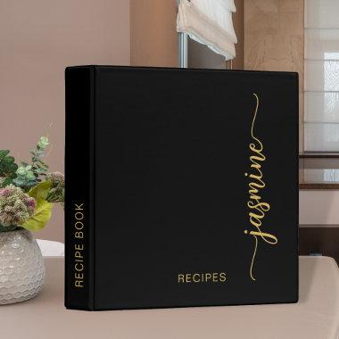 Girly Simple Black Gold Monogram Cookbook Recipe 3 Ring Binder