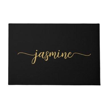 Girly Simple Black Gold Monogram Name Script Doormat