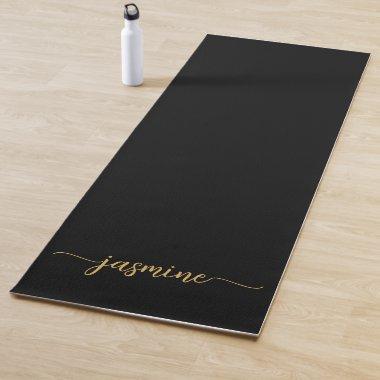 Girly Simple Black Gold Monogram Name Script Yoga Mat