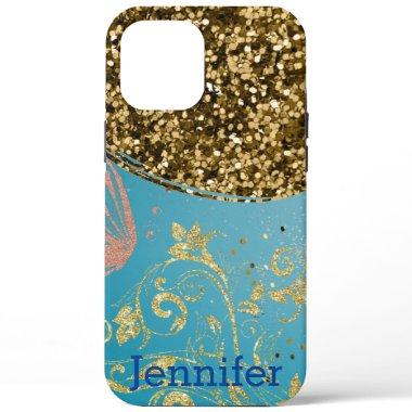 Girly Teal Glitter Gold Ombre Monogram Name iPhone 12 Pro Max Case