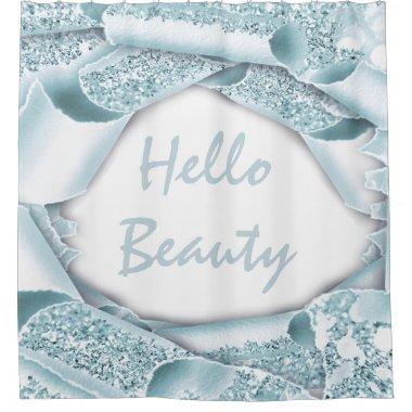 Glam 3D Custom Smoky Blue Glitter HELLO Beauty Shower Curtain