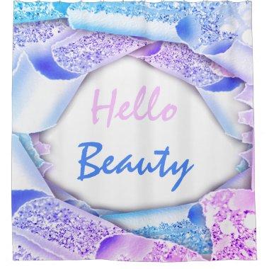 Glam 3D Frame Blue Pink Glitter HELLO Girly Shower Curtain