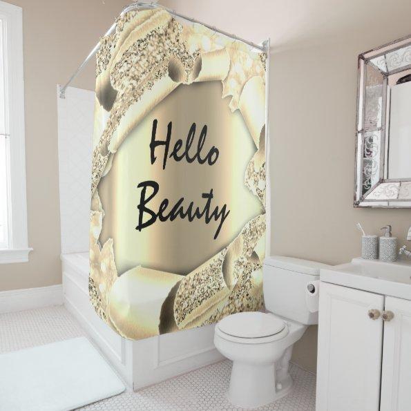 Glam 3D Frame FAUX Gold SPARK HELLO Girly Shower Curtain
