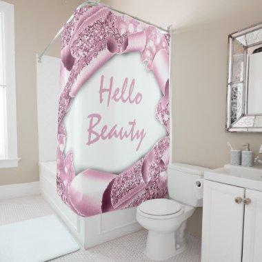 Glam 3D Pink Rose HELLO Girly Shower Curtain