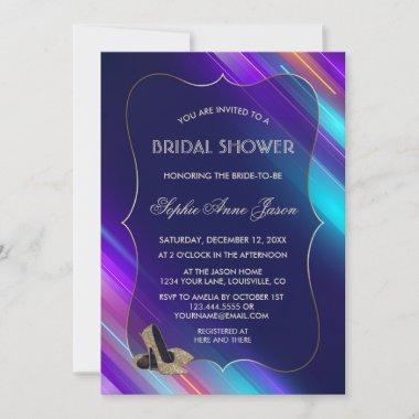 Glam Abstract Neon Purple Blue Gold Bridal Shower Invitations