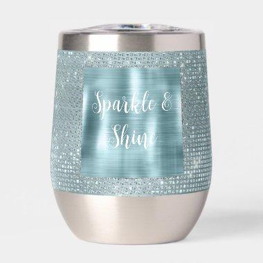 Glam Aqua Glitzy Silver Sparkle Thermal Wine Tumbler