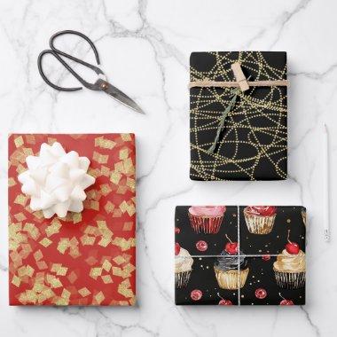 Glam Black Red Gold Birthday Wrapping Paper Sheets