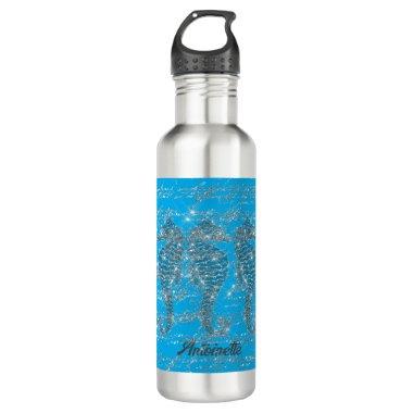 Glam Blue and Silver Glitter Seahorse Stainless Steel Water Bottle