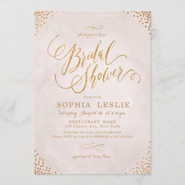 Glam blush rose gold calligraphy Bridal Shower Invitations