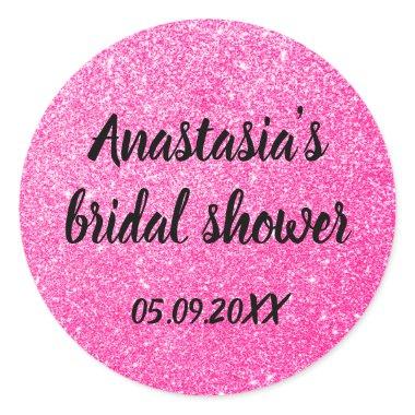 Glam Bridal Shower Hot Pink Glitter Sparkles Name Classic Round Sticker