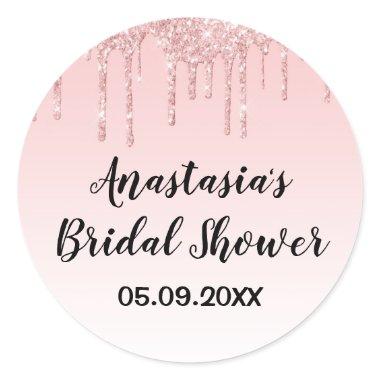 Glam Bridal Shower Pink Rose Gold Glitter Drips Classic Round Sticker