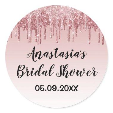 Glam Bridal Shower Pink Rose Gold Glitter Drips Classic Round Sticker