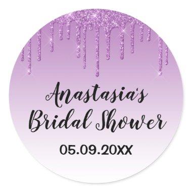 Glam Bridal Shower Purple Glitter Drips Sparkle Classic Round Sticker