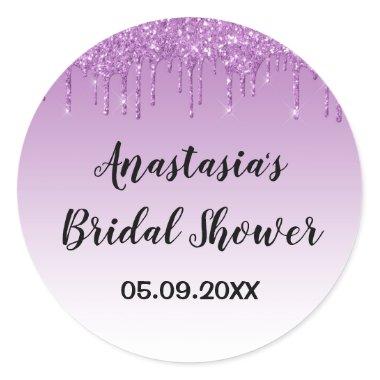 Glam Bridal Shower Purple Glitter Drips Sparkle Classic Round Sticker