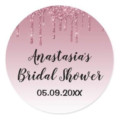 Glam Bridal Shower Purple Rose Gold Glitter Drips Classic Round Sticker