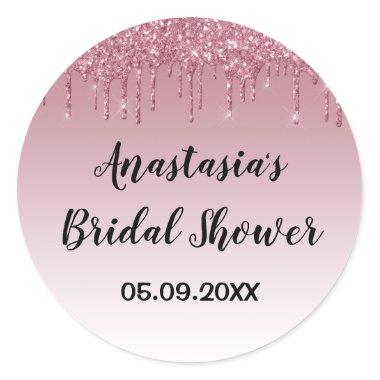 Glam Bridal Shower Purple Rose Gold Glitter Drips Classic Round Sticker