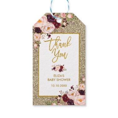 Glam Burgundy Blush Flower Glitter Thank You Favor Gift Tags